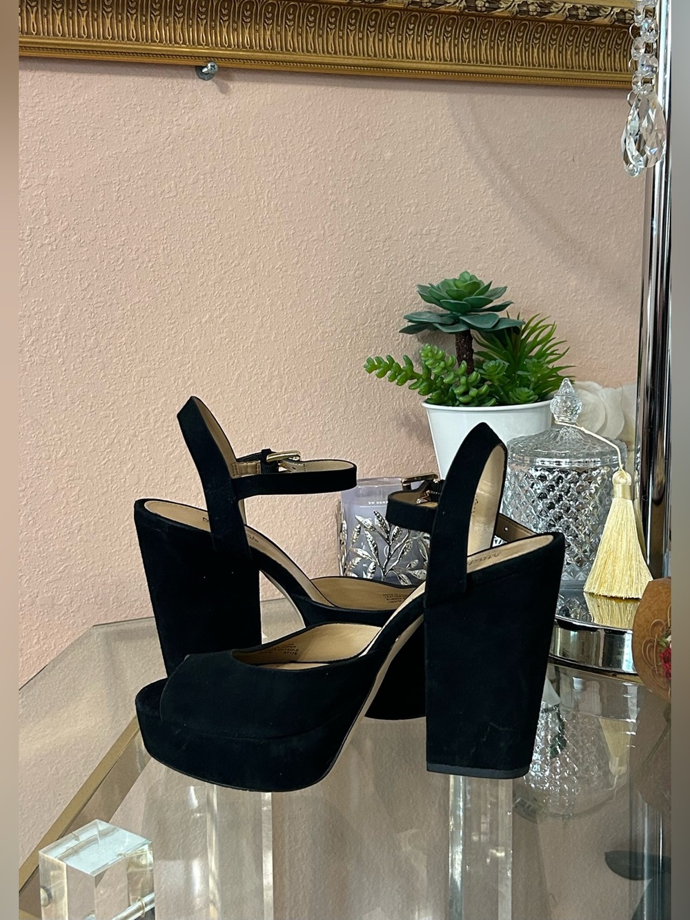 Michael Kors Black Suede Leather Platform Heels with Gold Block Heel Size 7 - Picture 8 of 16